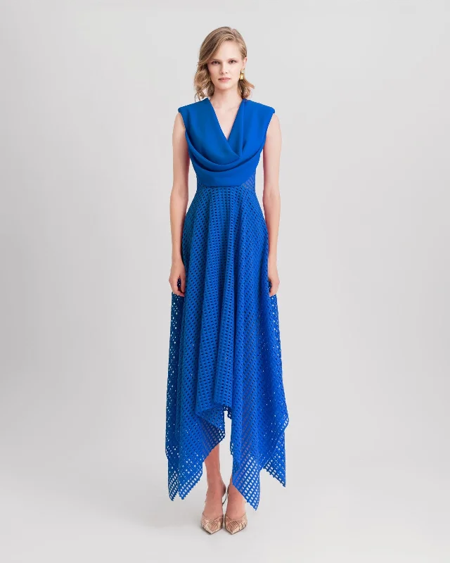 Crochet Lace Royal Blue Midi Dress Cozy Midi Dress with Pockets