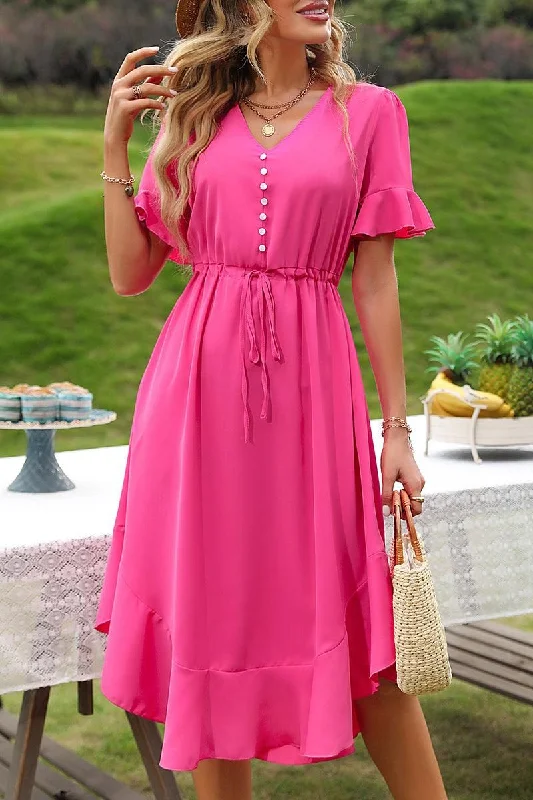 DRAWSTRING RUFFLED PUFF MIDI DRESS Chic Bohemian Midi Dress