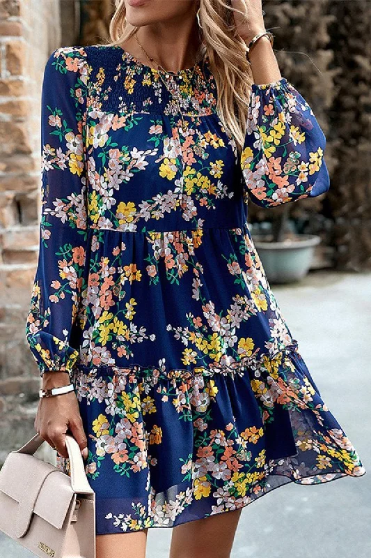 WOMEN SMOCKED NECK FLORAL LONG SLEEVE MINI DRESS Comfortable One-Shoulder Mini Dress