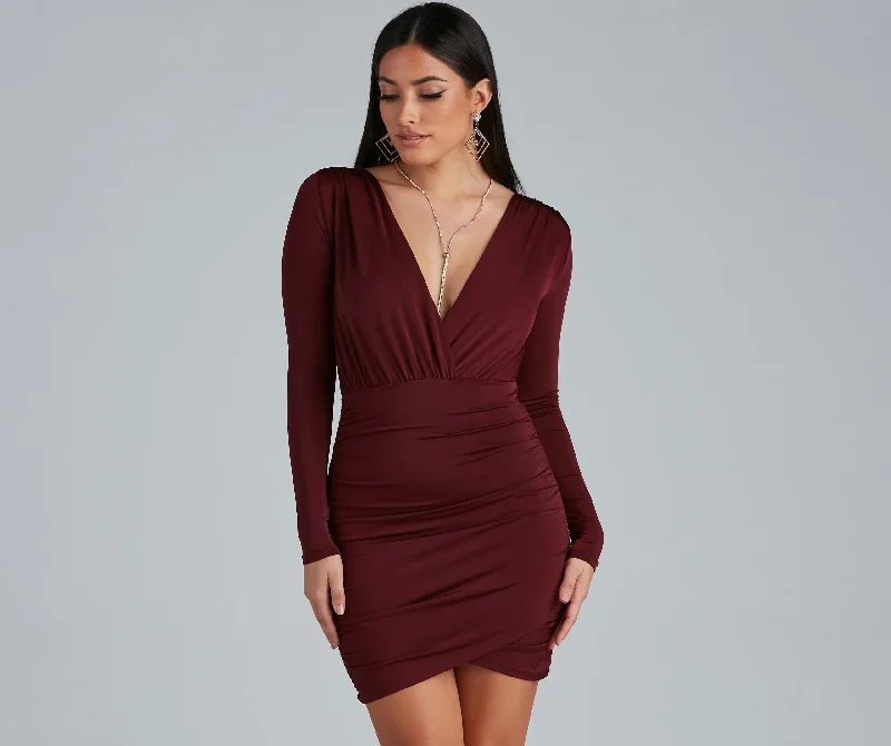 Elevated Basic Ruched Mini Dress Trendy Mesh Mini Dress