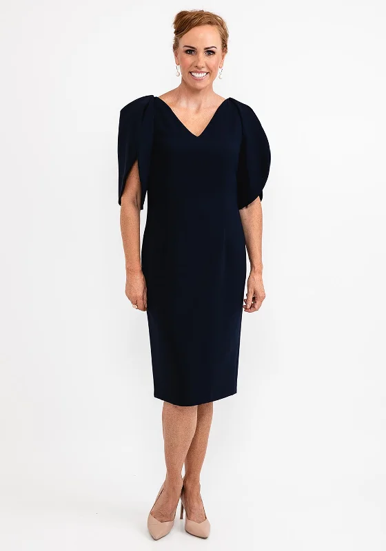 Ella Boo Oversize Tulip Sleeve Pencil Midi Dress, Navy Trendy Square Neck Midi Dress