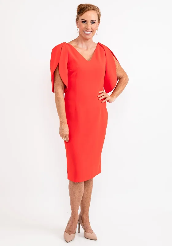 Ella Boo Oversize Tulip Sleeve Pencil Midi Dress, Red Comfortable Ribbed Midi Dress