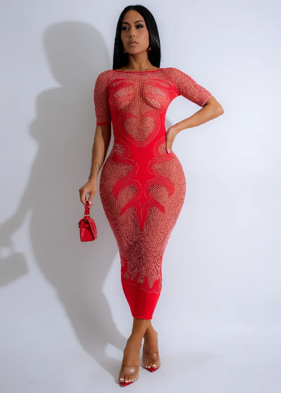 Ember Lace Midi Dress Red Elegant Pleated Detail Midi Dress