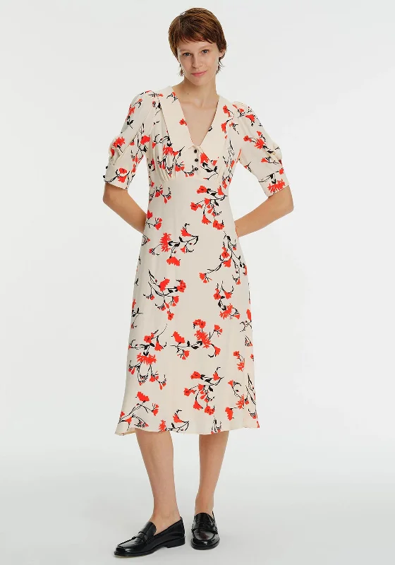 Exquise Oriental Floral Collared Midi Dress, Multi Fashionable One-Shoulder Midi Dress