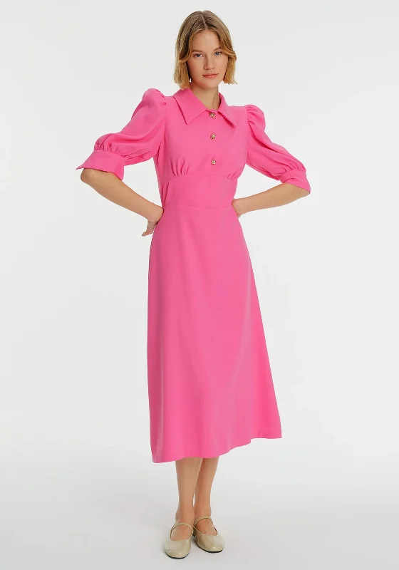 Exquise Collared Midi Dress, Pink Elegant Pleated Sleeve Midi Dress