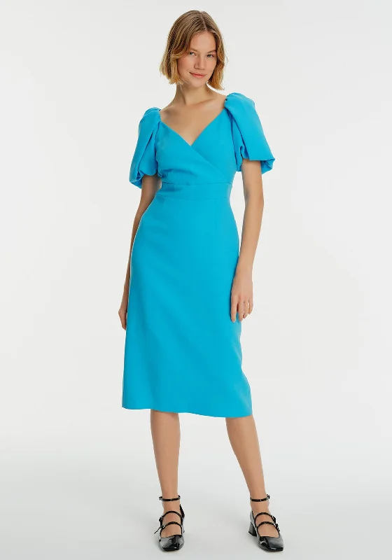 Exquise Puff Sleeve Midi Dress, Blue Elegant Satin Slip Midi Dress