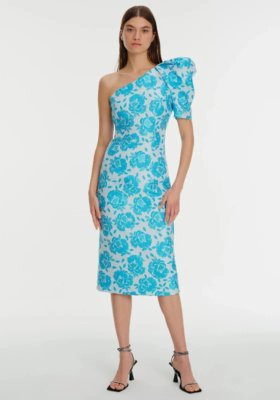 Exquise Floral One Shoulder Midi Dress, Blue Fashionable Sheer Sleeve Midi Dress