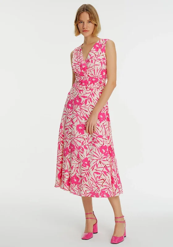 Exquise Floral Ruched Waist Midi Dress, Pink Stylish Wraparound Midi Dress