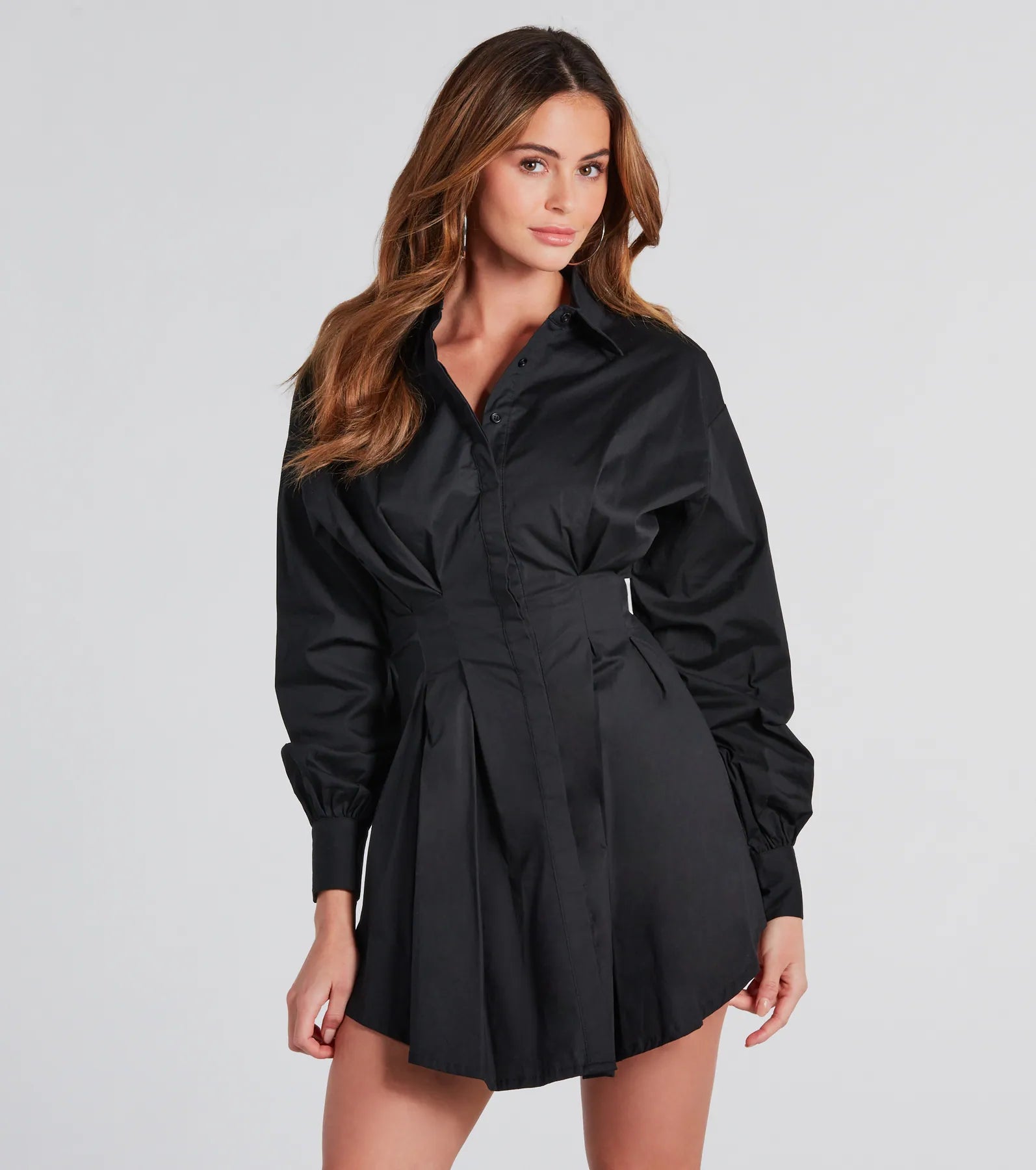 Find Your Style Button Down Pleated Mini Dress Classic Black Mini Dress