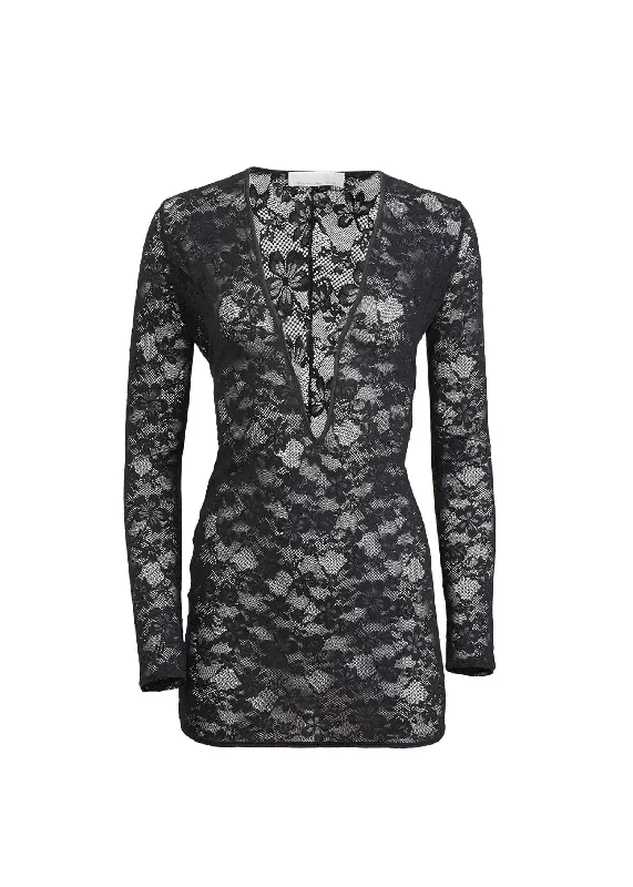 Le Stretch Lace Plunge Mini Dress (Black) Cozy Long Sleeve Mini Dress