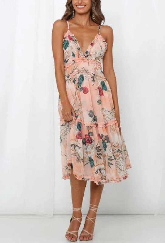 Floral Printed Ruffle Midi Dress Fashionable Sheer Sleeve Midi Dress