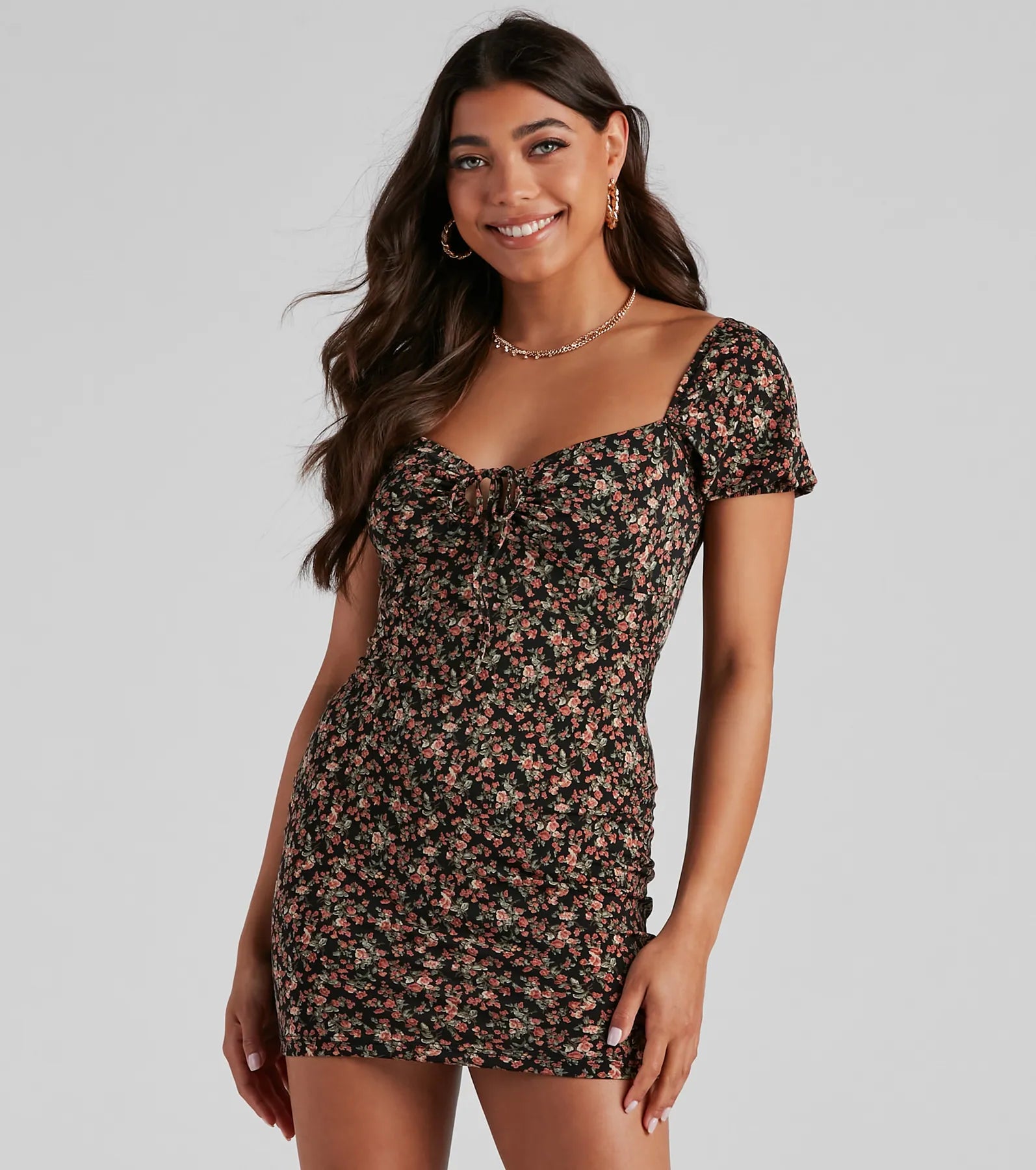 Floral Soiree Puff Sleeve Mini Dress Fashionable Button-Front Mini Dress