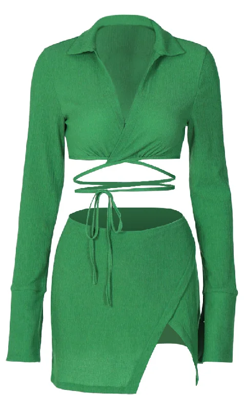 Hot Spot <br><span>Green Long Sleeve Cross Wrap V Neck Crop Top Split Wrap Bodycon Two Piece Casual Mini Dress</span> Casual Mini Dress with Pockets