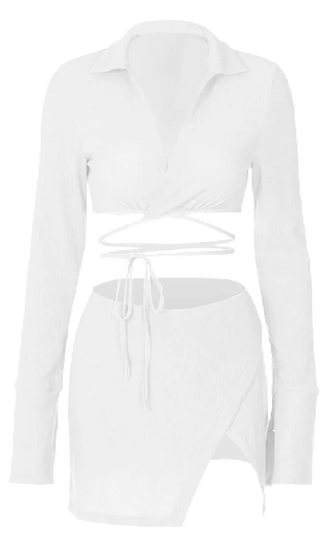 Hot Spot <br><span>White Long Sleeve Cross Wrap V Neck Crop Top Split Wrap Bodycon Two Piece Casual Mini Dress</span> Chic Halter Mini Dress