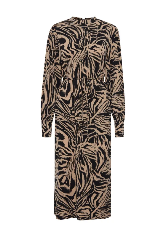 Ichi Animal Print A-Line Midi Dress, Tan & Black Stylish Button-Up Midi Dress