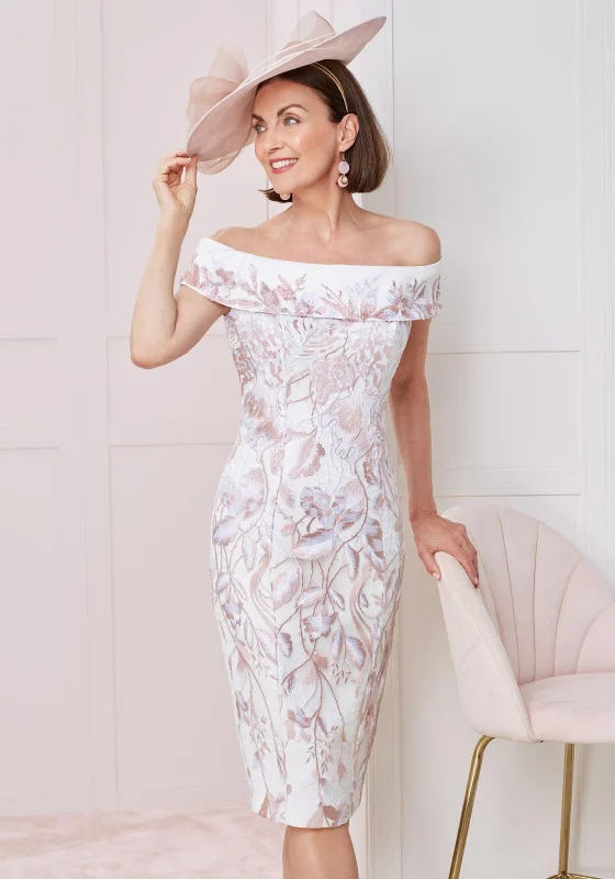 John Charles Embroidered Off the Shoulder Midi Dress, Rose & Ivory Trendy Mock Neck Midi Dress