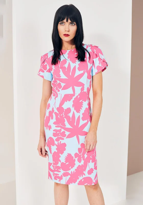 Kate Cooper Floral Midi Dress, Pink & Blue Trendy Flared Sleeve Midi Dress