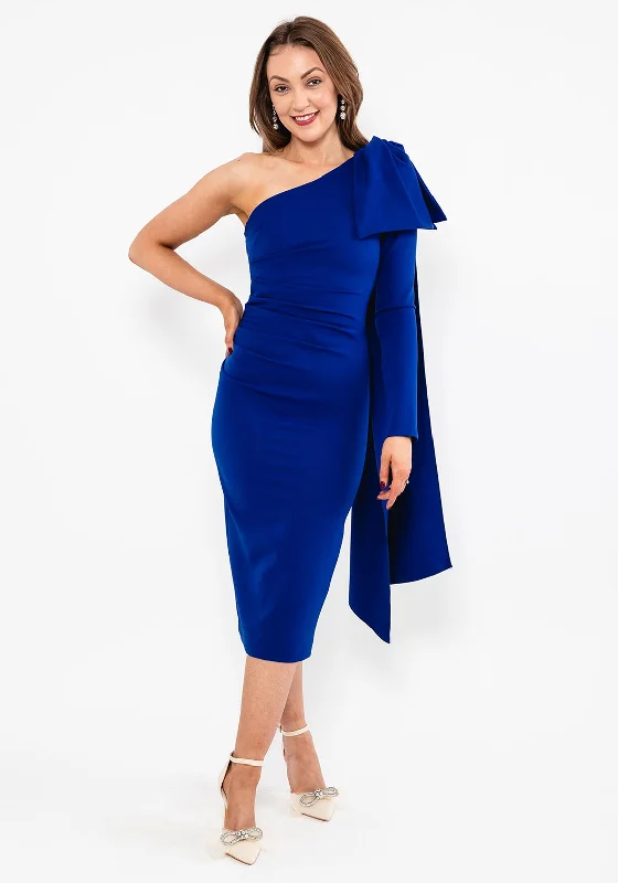 Kevan Jon Krystle One Sleeve Midi Dress, Cobalt Trendy Ruffle Hem Midi Dress