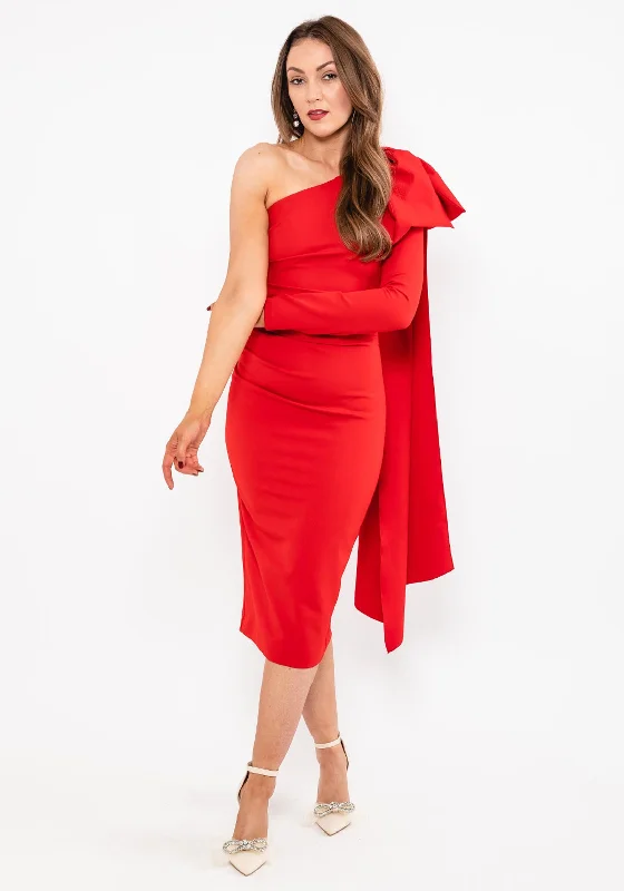 Kevan Jon Krystle One Sleeve Midi Dress, Red Elegant Satin Midi Dress