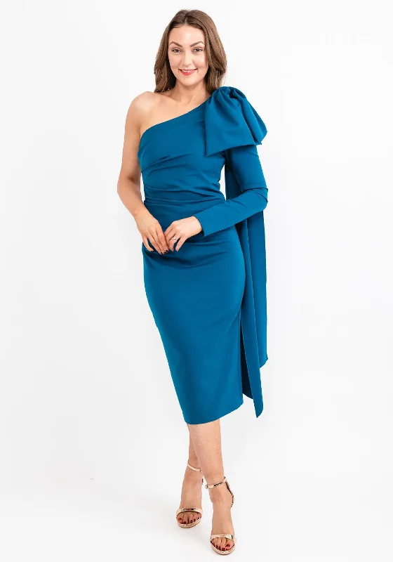 Kevan Jon Krystle One Sleeve Midi Dress, Teal Trendy Smocked Waist Midi Dress