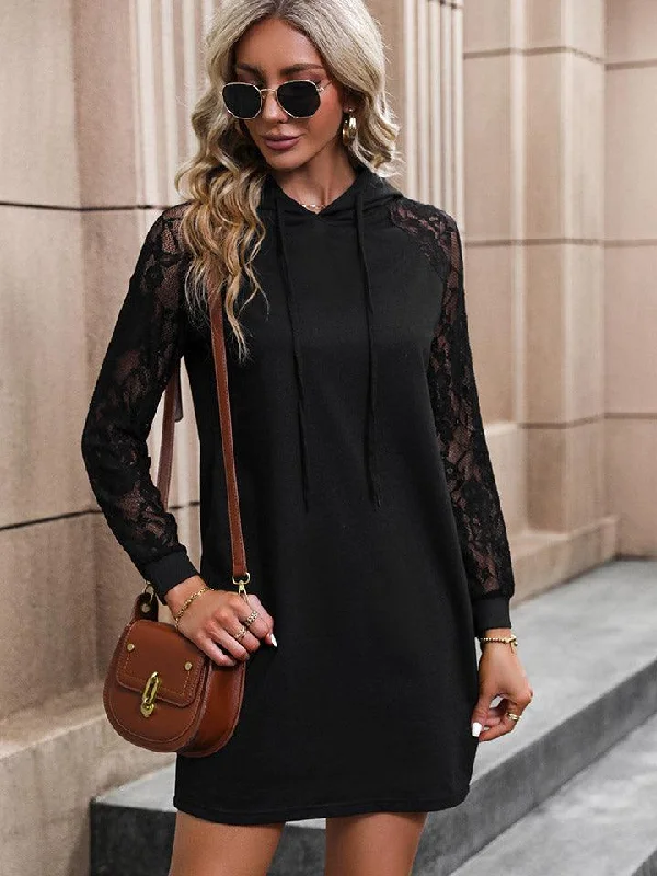 Lace Trim Long Sleeve Hooded Mini Dress Modern Satin Mini Dress