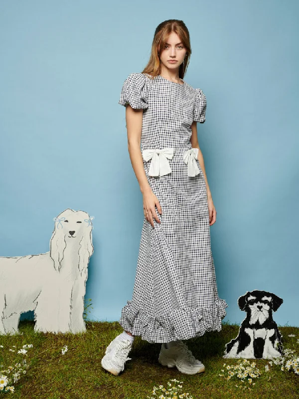 Lady Gingham Midi Dress Trendy Tiered Hem Midi Dress