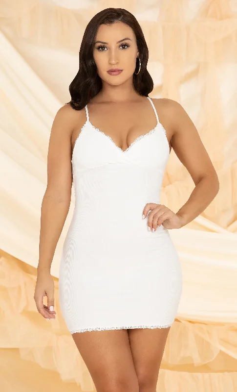 Last To Leave White Ribbed Lace Trim Sleeveless Spaghetti Strap Cross Wrap V Neck Casual Bodycon Mini Dress Chic Sleeveless Mini Dress