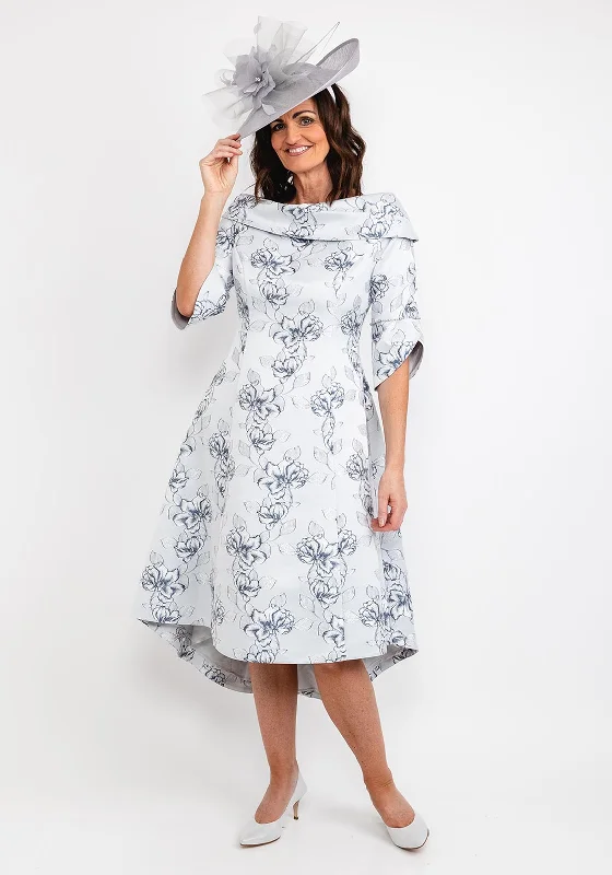 Lizabella Floral Embroidered Dip Hem Midi Dress, Navy & Silver Stylish Midi Dress with Cuffs