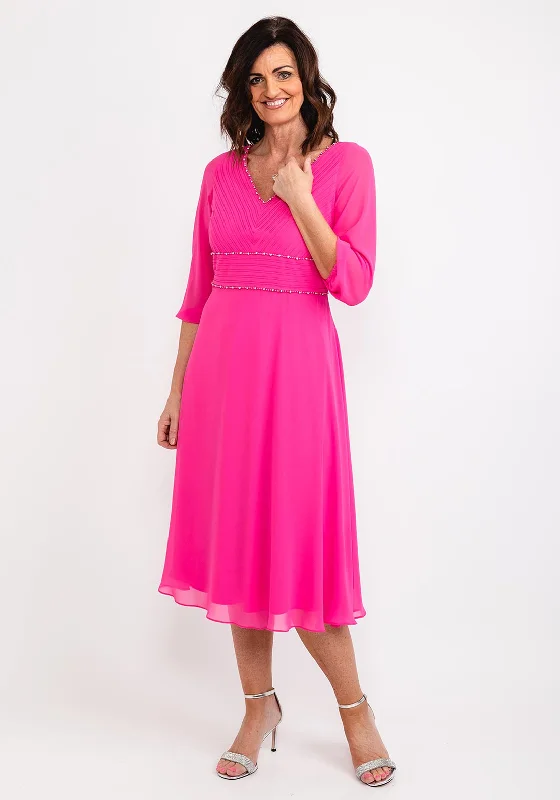 Lizabella Pleated Bodice Chiffon Midi Dress, Hot Pink Trendy Boho Midi Dress