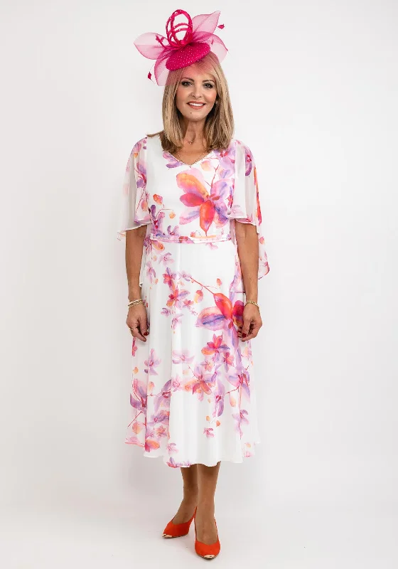 Lizabella Floral Chiffon Midi Dress, Pink & White Fashionable Casual Midi Dress