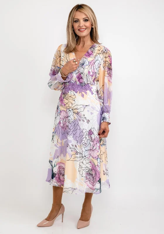 Lizabella Floral Chiffon Midi Dress, Lilac Multi Trendy Shift Midi Dress