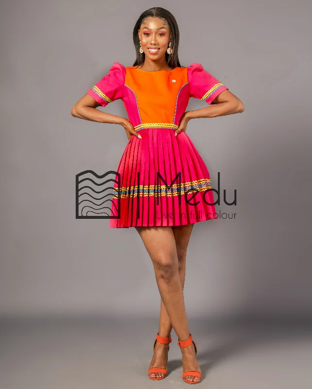 Mmashela Giant bow Mini Dress in Orange & Pink Casual V-Neck Mini Dress