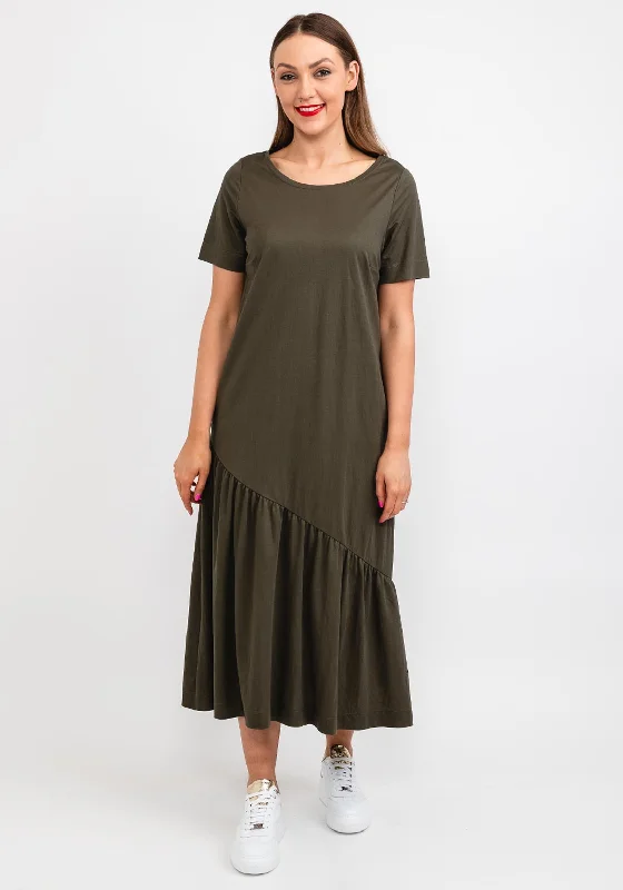 Naya Smock Midi Dress, Khaki Trendy Ruffled Sleeve Midi Dress