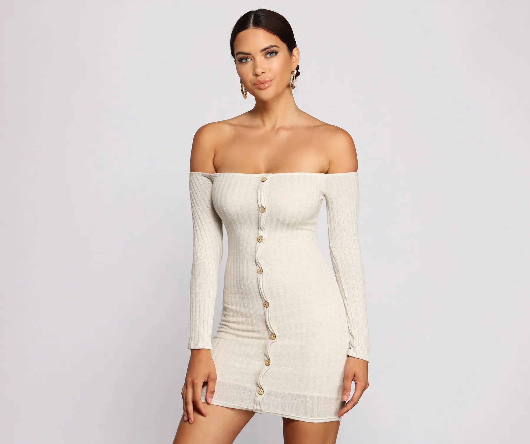 Off The Shoulder Button Down Mini Dress Elegant Lace-Up Mini Dress