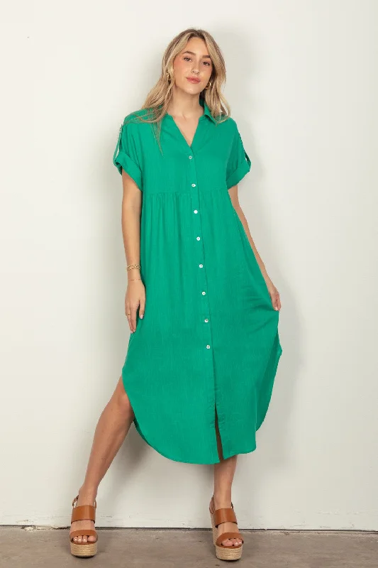 Oversized Solid Linen Woven Midi Dress (PLUS SIZED) Trendy Ruffle Hem Midi Dress