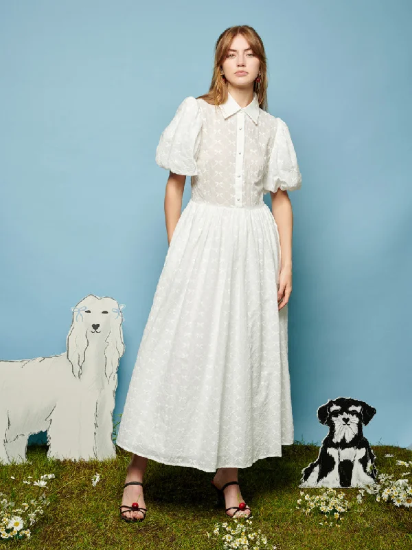 Poodle Bow Embroidered Midi Dress Chic Lace Detail Midi Dress