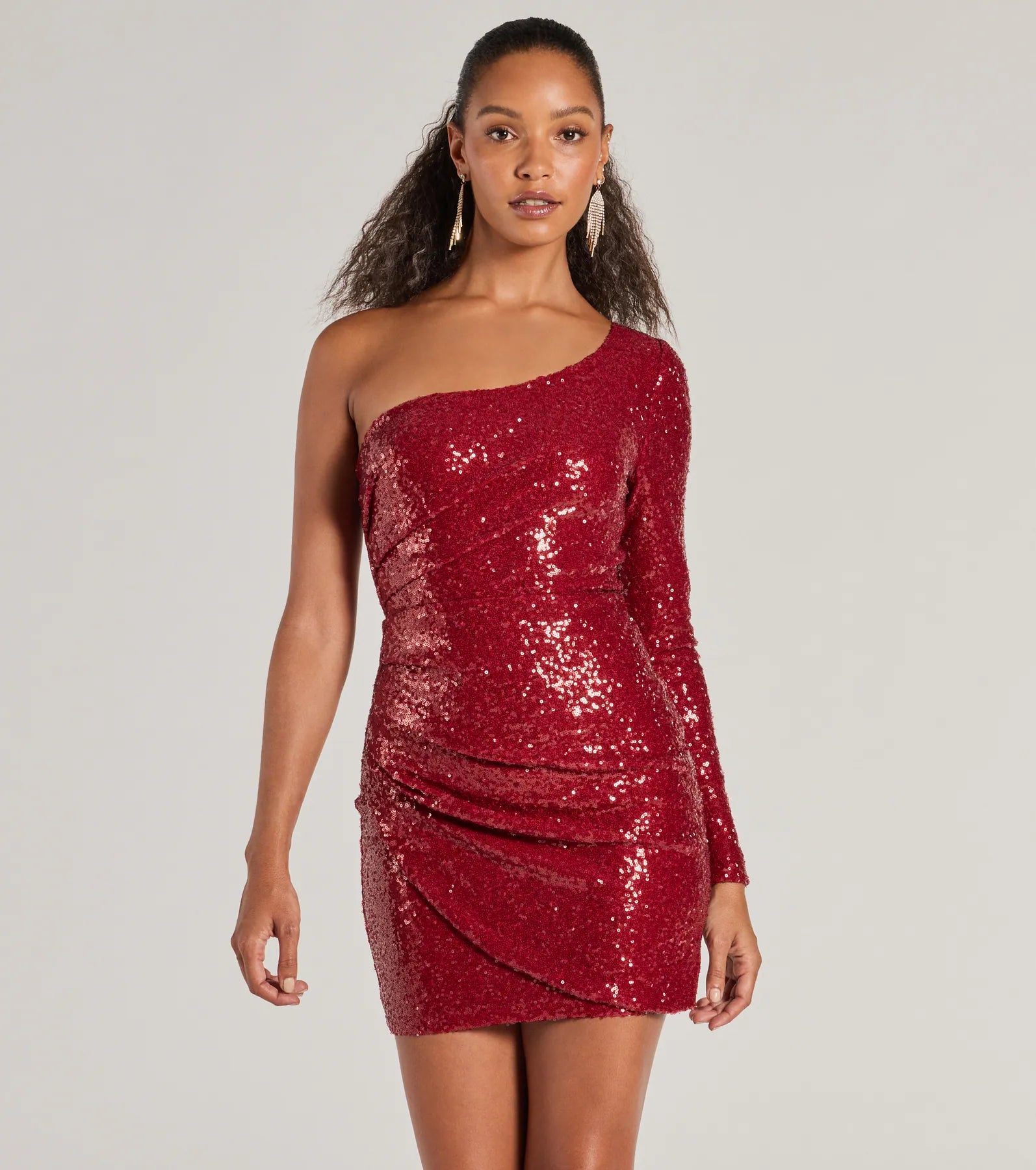 Sandra Sequin One-Shoulder Mini Dress Casual High-Waist Mini Dress