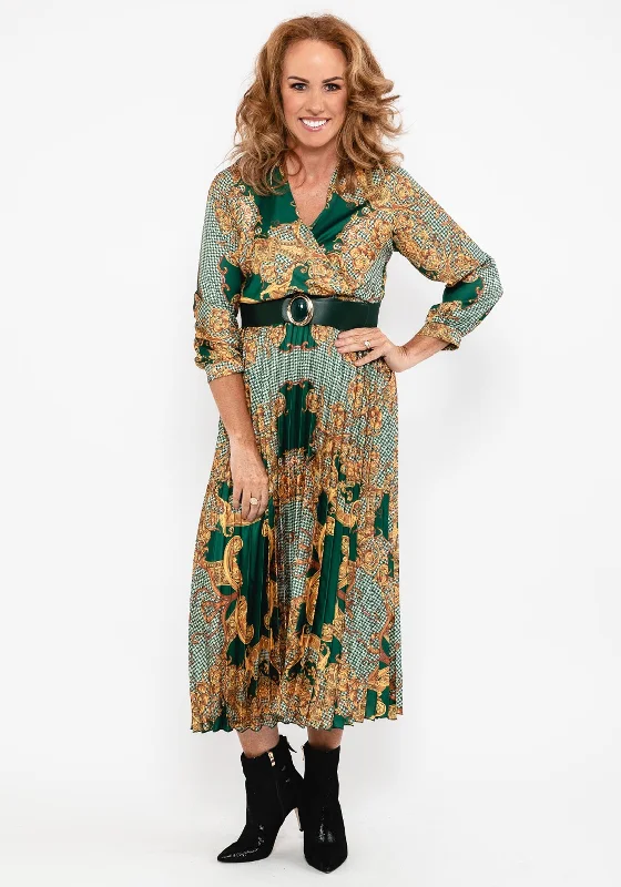 Seventy1 Ornate Print Pleat Midi Dress, Green Stylish Off-Shoulder Ruffle Dress