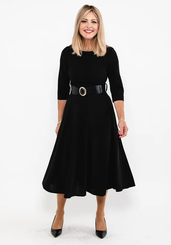 Seventy1 A-Line Midi Dress, Black Elegant Pleated Sleeve Midi Dress