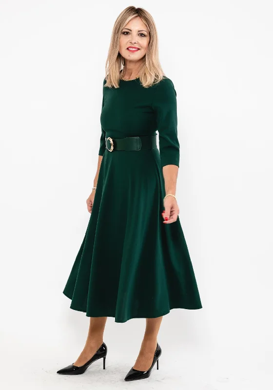 Seventy1 A-Line Midi Dress, Forest Green Trendy Square Neck Midi Dress