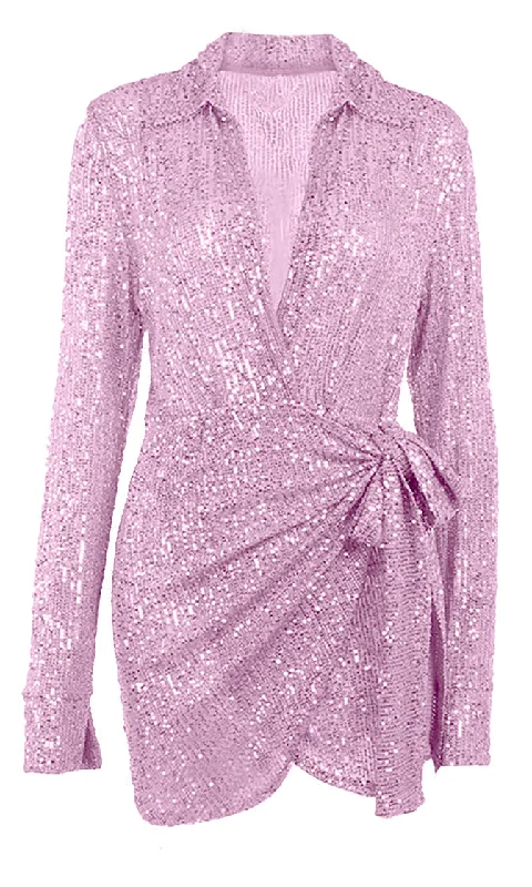 Shimmer Baby <br><span>Pink Sequin Long Sleeve Collar Plunge V Neck Faux Wrap Tie Waist Mini Dress</span> Elegant Lace-Up Mini Dress