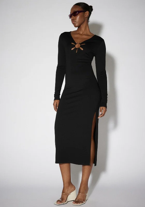 SOMETHINGNEW Claudette Midi Dress, Black Comfortable Wrap Midi Dress