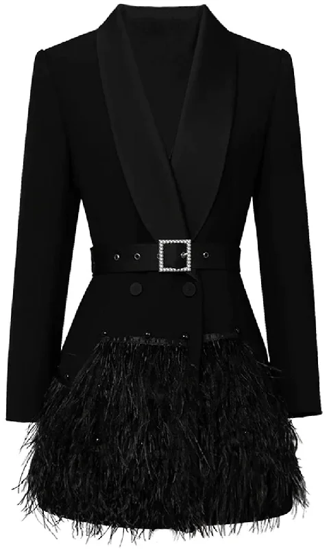 That's Right Black Long Sleeve Cross Wrap V Neck Lapels Belted Feather Skirt Flare A Line Mini Dress Cozy Ruched Mini Dress