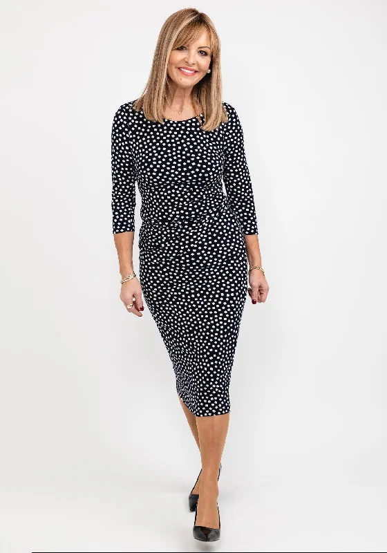 Tia Square Print Midi Dress, Navy Trendy A-Line Midi Dress