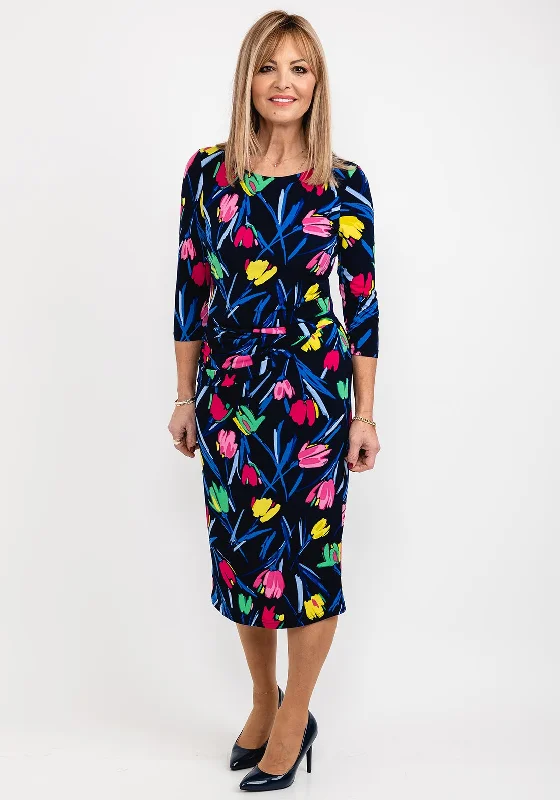 Tia Tulip Print Midi Dress, Navy Multi Cozy Spaghetti Strap Midi Dress