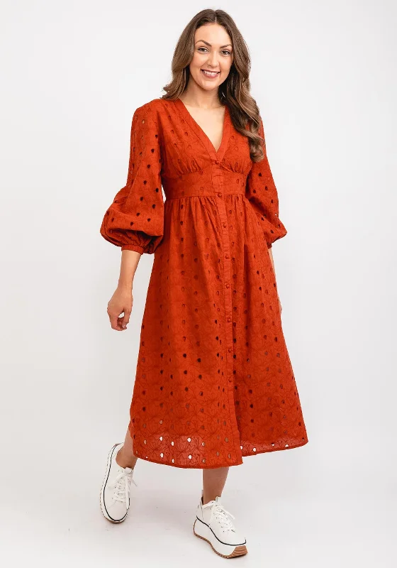 Tiffosi Preta Floral Midi Dress, Rust Trendy Smocked Detail Midi Dress