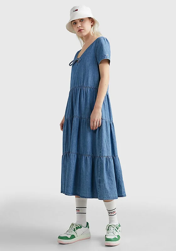 Tommy Jeans Womens Chambray Denim Midi Dress, Medium Denim Cozy A-Line Midi Dress