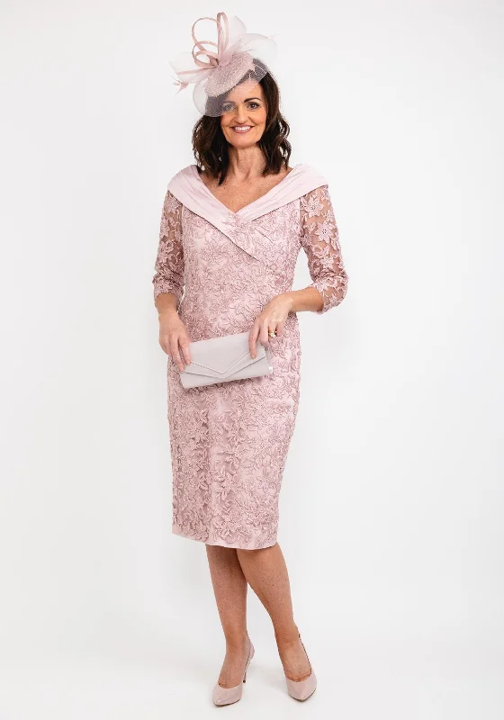 Veni Infantino Wide Neckline Lace Midi Dress, Dusty Rose Comfortable Empire Waist Midi Dress