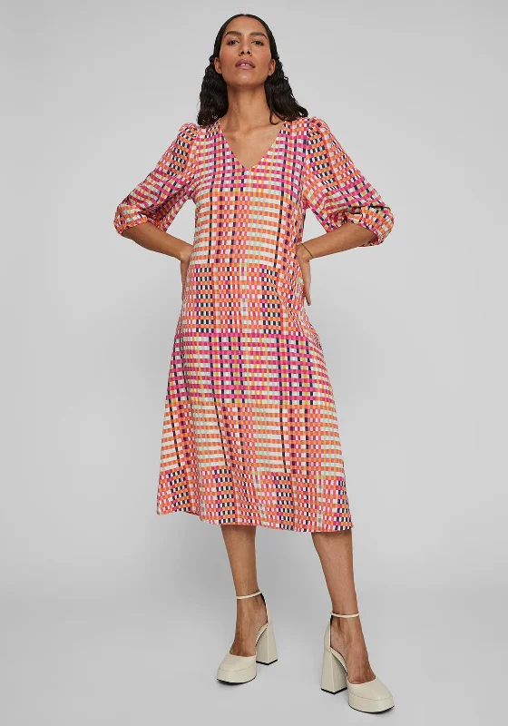 Vila Pipe Check Print Midi Dress, Multi Chic Lace Detail Midi Dress