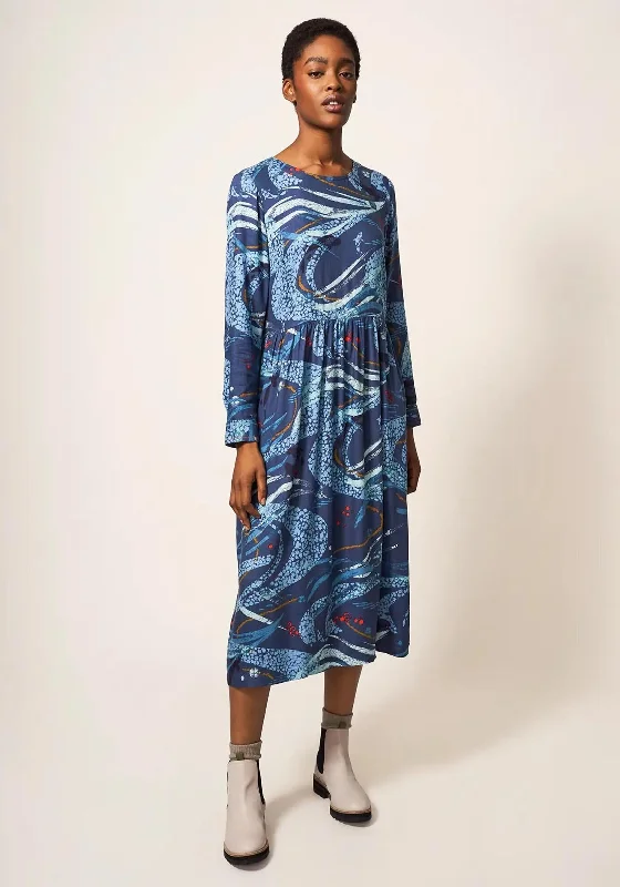 White Stuff Elisa Print Midi Dress, Blue Fashionable Wide Leg Midi Dress